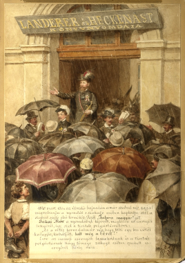 Jókai a Landerer és Heckenast nyomda előtt 1848. március 15-én